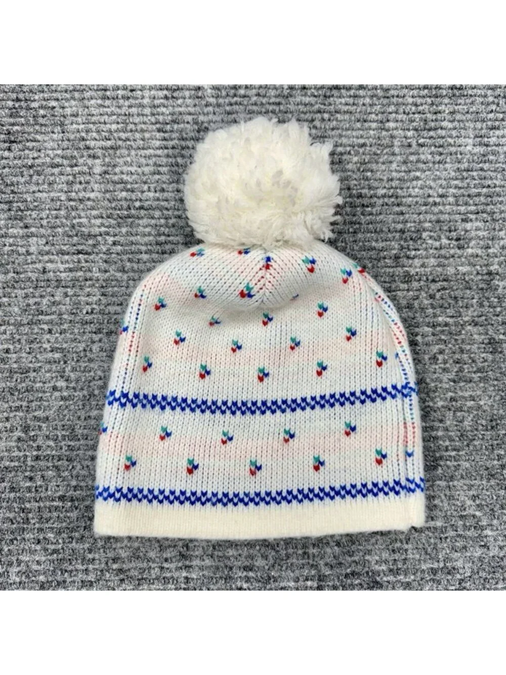 Vintage Wigwam Pom Beanie Ivory White Blue Red Heart Knit Hat Ski Cottagecore